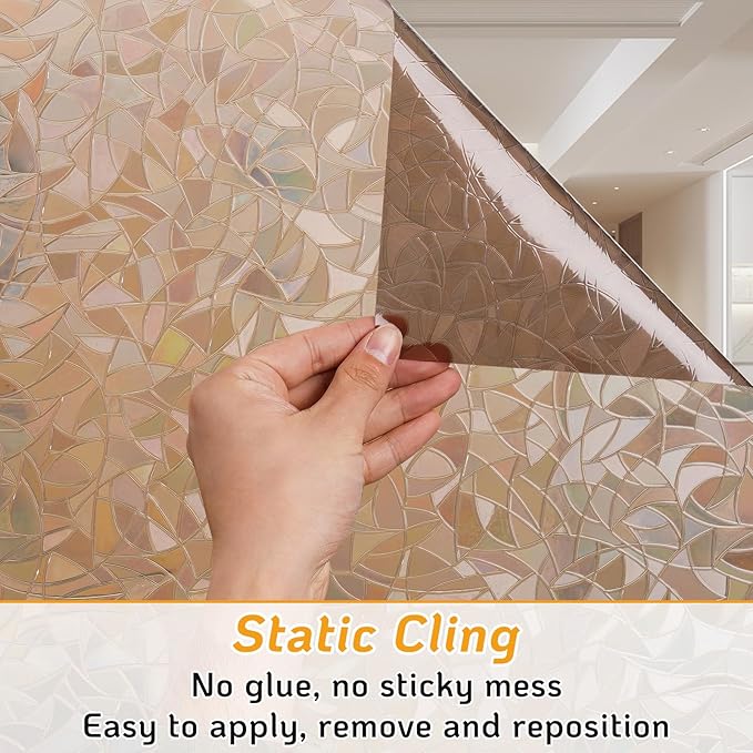 LUTE Window Privacy Film, Rainbow Window Flim, 3D Decorative Stained Glass Cling, Non-Adhesive Vinyl Static Cling Removable Glass Sticker, Sun UV Blocking Covering for Home, Brown, 35.4 x 157.4 inches