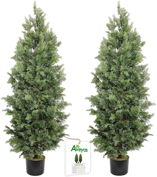 Aveyas 5ft Artificial Cedar Topiary Trees for Outdoor Front Porch Door, 5 Feet Faux Potted Plants Evergreen Fake Pine Cypress Tree for Outside Home Decor (5 ft Tall) - Set of 2 Pack