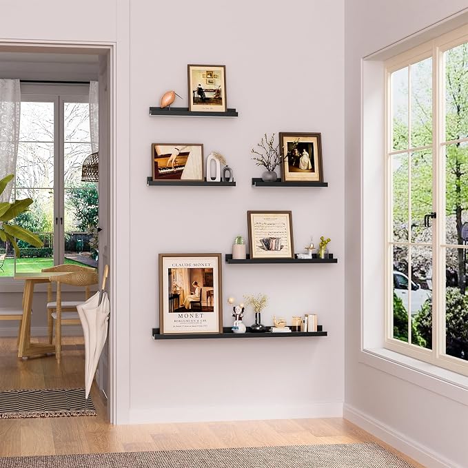 Heimlove Floating Shelves Set of 6, 24" Wall Mounted Picture Ledge, Display Shelf Organizer for Decor Storage, Wall Mounted Shelves for Living Room, Bedroom, Bathroom, Kitchen (Black)