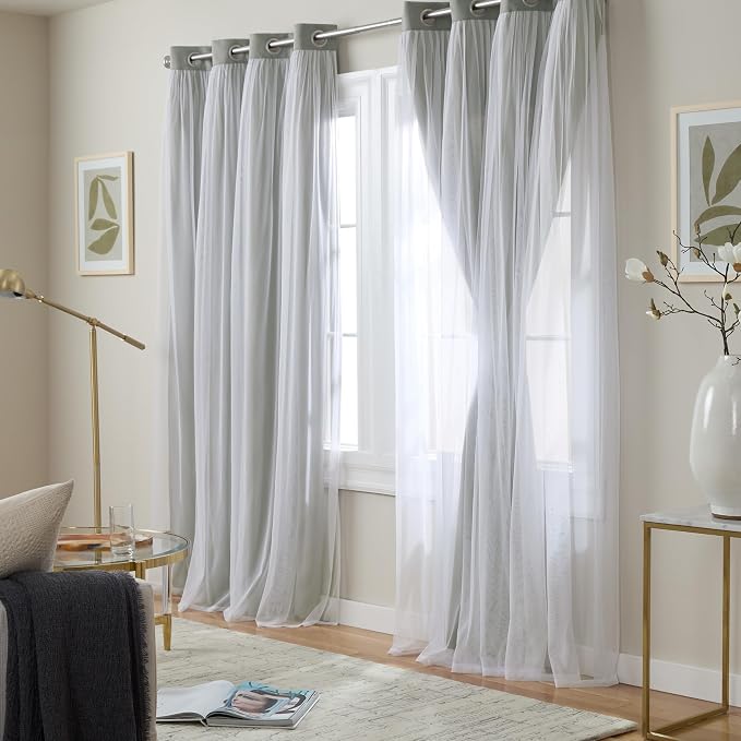 TOWN & COUNTRY LUXE Talia Double Layer Indoor Curtains, Sheer and Room Darkening Blackout, Grommet Top, Energy Efficient, 2-Pack Set, 52"x120", Soft Grey