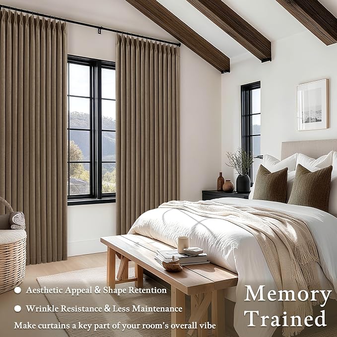 Latte Dual Layer Blackout 102 Inch Length Curtains 2 Panels Pinch Pleated for Sliding Glass Door Luxury Pinch Pleated Flax Linen Ceiling Track Curtain Thermal Room Darkening Light Brown Window Drapes