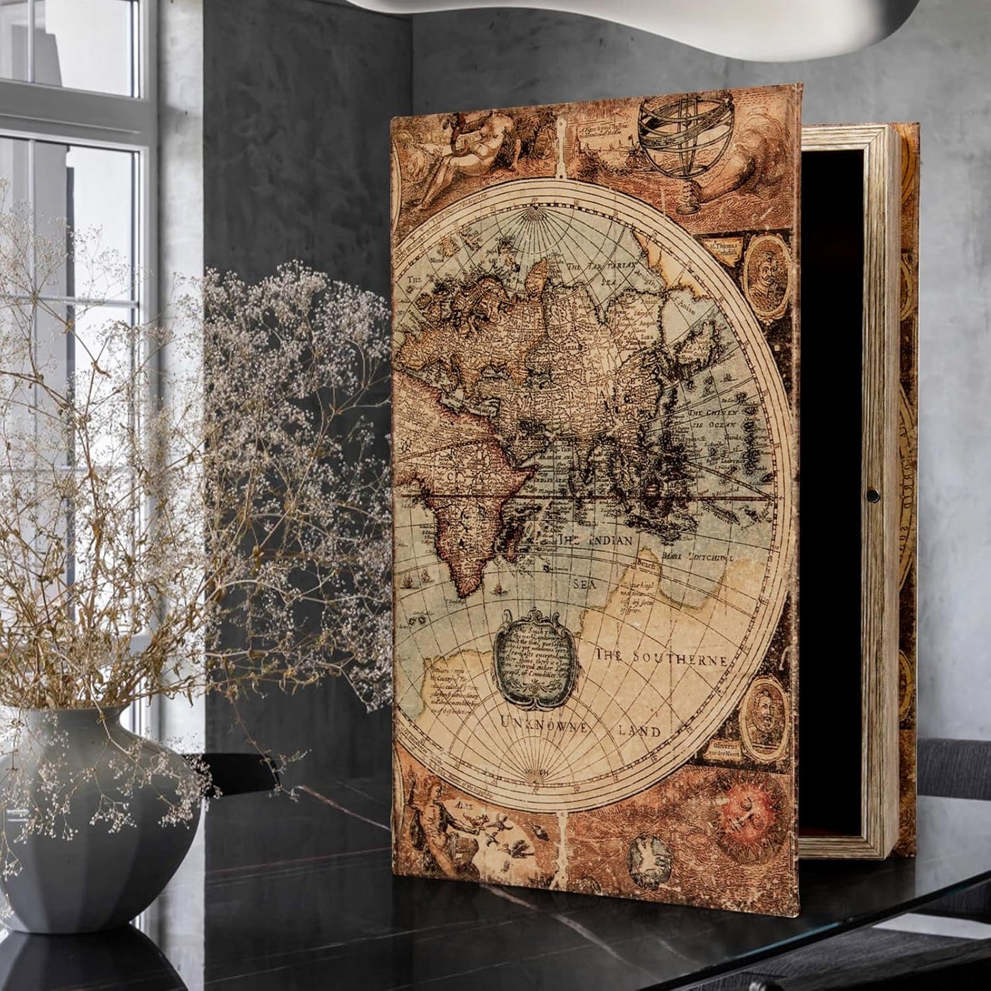 Decorative Fake Book Box for Shelf Decor, Coffee Table Storage & Home Decor - Vintage Faux Leather Embossed Secret Storage Box with Magnetic Closure (12" Large Size)