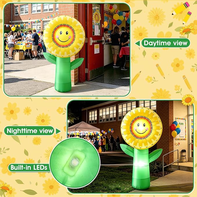 5FT Back to School Inflatable Outdoor Decorations Sunflower Pencil Blow Up Built-in 2 LED Lights Smiley Flower Welcome Yard Decor for First Day of School Kindergarten Preschool Photo Props