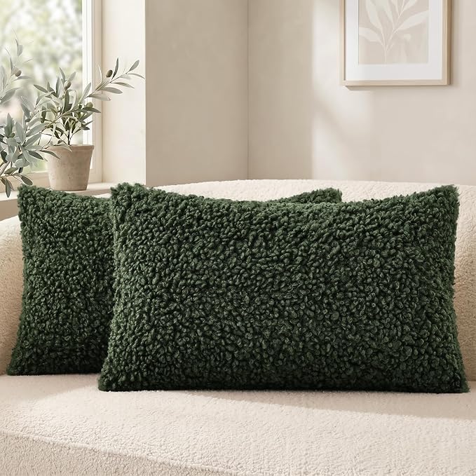 decorUhome Pack of 2 Throw Pillow Covers 12x20 Inch, Faux Fur Decorative Sherpa Pillow Covers Fuzzy Accent Soft Sheepskin Fleece Pillow Cases for Couch Living Room Bed, Olive Green