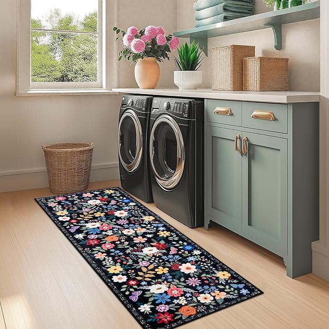 Runner Rug for Entryway: 2x5 Kitchen Rugs Non Slip Washable Ultra-Thin Soft Floral Carpet Indoor Floor Stain Resistant Carpets for Hallway Bedroom Kitchen Laundry Bathroom Dorm Black