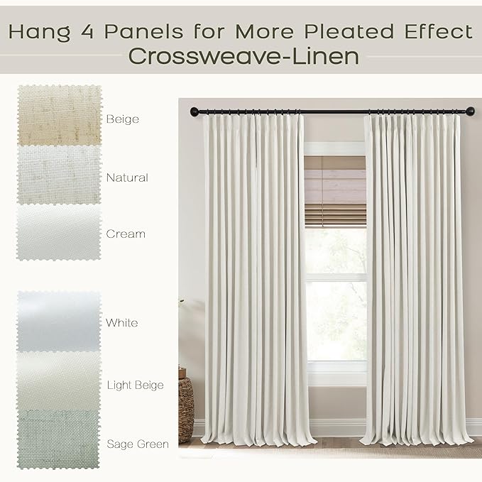 Mrs.Naturall 105 Inch Linen Pinch Pleated Blackout Curtains, Thermal Insulated & Noise Reducing Drapes for Bedroom Living Room, 42" W x 105" L, 2 Panels Set, Cream Natural, 104 Inch Long Curtains