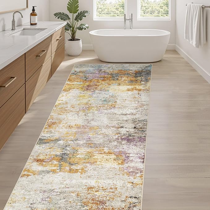 Runner Rug Kitchen Washable Rugs: 3x10 Non-Slip Abstract Soft Modern Stain Resistant Indoor Floor Neutral Accent Throw Carpet for Hallway Bathroom Laundry Room Entryway Bedroom- Gold Colorful