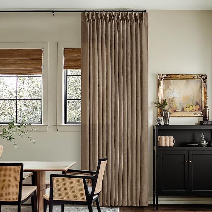 92 Inch Linen Curtains 2 Panels Set Pinch Pleated for Living Room Bedroom Memory Training Shaped Semi Sheer Dutch Cocoa Pinch Pleat Drapes Hooks Rings Light Filtering Window Curtain Drapes