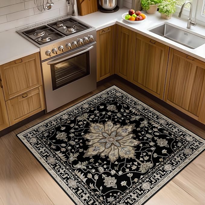 RELEANY Area Rugs Square 4ft Washable Non-Slip, Floral Vintage Distress Medallion Carpet for Living Room Bedroom Dining Room, Black Brown Neutral Dark Tan