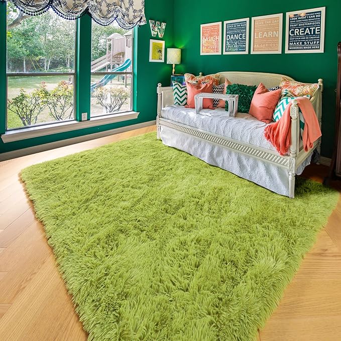 Grass Green Area Rugs for Bedroom, Fluffy Shag Plush Rug 5x7 for Kids Room Living Room Baby Nursery Decor Aesthetic, Cute Fuzzy Floor Furry Cool Shaggy Fuzzy Moss Carpet for Dorm Classroom Playroom