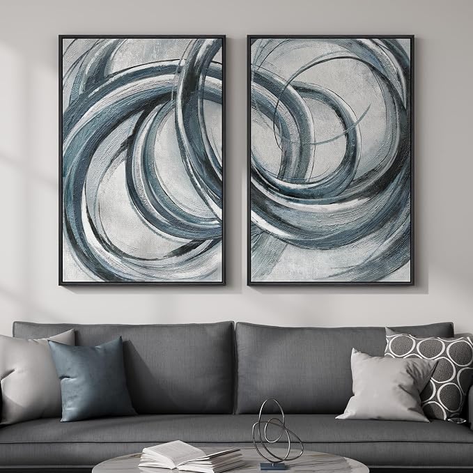 Framed Blue Gray Abstract Wall Art Set of 2, Modern Circle Line Canvas Artwork for Walls, Contemporary Abstract Paintings Prints for Living Room Bedroom Office Hallway Wall Decor, 24x36 In