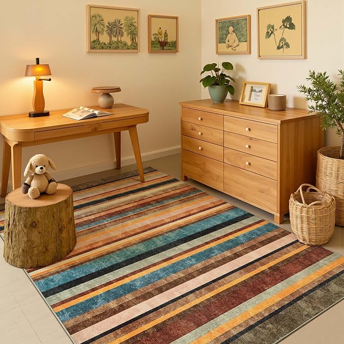 jinchan 5x7 Area Rug Modern Striped Rug Washable Rug Soft Large Indoor Floor Cover Non Slip Colorful Carpet for Bedroom Kitchen Dining Room Home Office, Pine Dawn