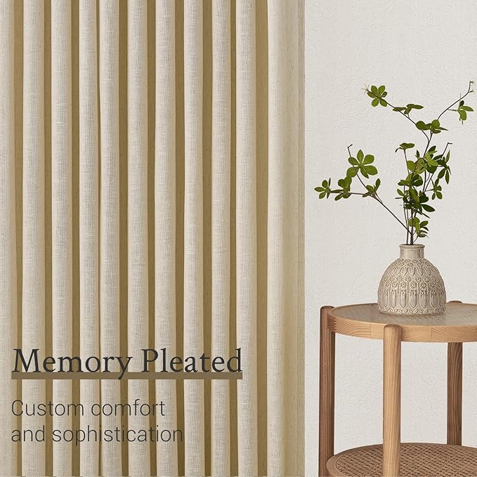 102 Inch Long Curtains Pinch Pleat Linen Curtains for Living Room 2 Panels Set,Natural Beige Light Filtering Farmhouse Boho 102 Inch Pleated Semi Sheer Curtain with Hooks Floor Ceiling Bedroom Window