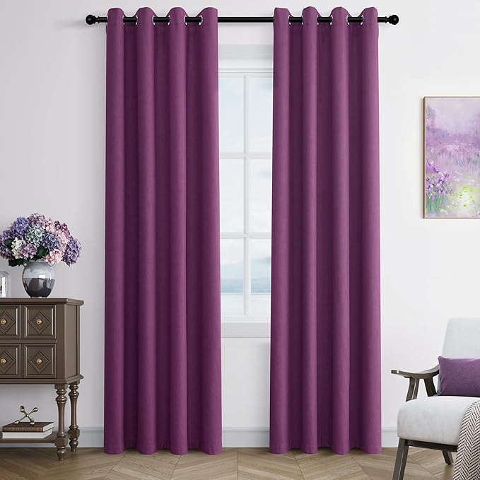 Jowels Purple Linen Blackout Curtains 84 Length 2 Panels Set for Living Room Bedroom, 100% Black Out Thermal Insulated Linen Drapes, Room Darkening Grommet Curtains 84 Inches Long, Purple