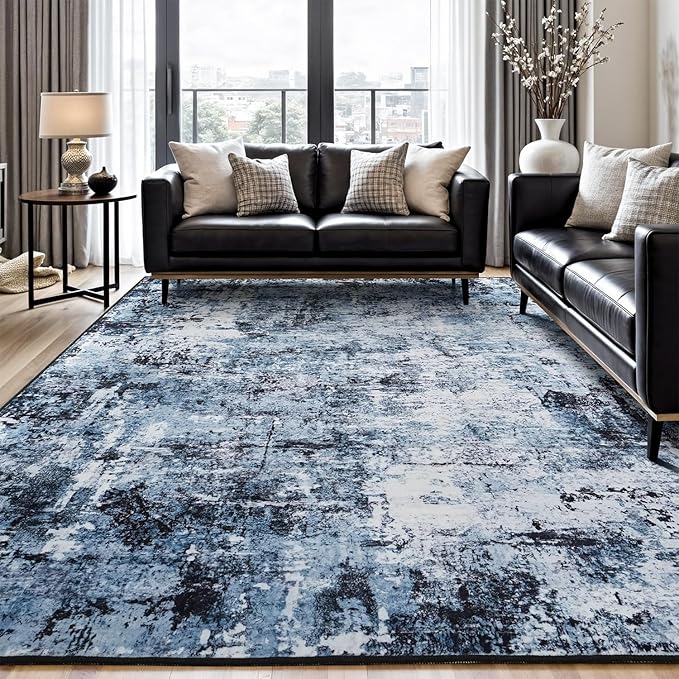 Rugflix 7x10 Area Rugs for Living Room, Washable Large Rug Stain-Resistant Low Pile, Modern Dark Carpet for Dining Room Home Office Kid Room Nursery Bedroom, Navy Blue/Black