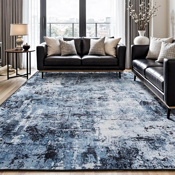 Rugflix 6x8 Area Rugs for Living Room, Washable Large Rug Stain-Resistant Low Pile, Modern Dark Carpet for Dining Room Home Office Kid Room Nursery Bedroom, Navy Blue/Black