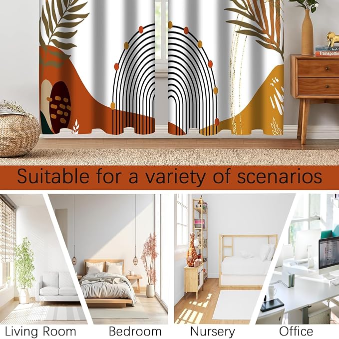 Boho Tropical Window Drapes, Mid Century Blackout Curtain Leaves Abstract Aesthetic Art Darkening Thermal Insulated Grommet Window Curtain for Living Room Bedroom Decor 2 Panels 52"x96" Inch