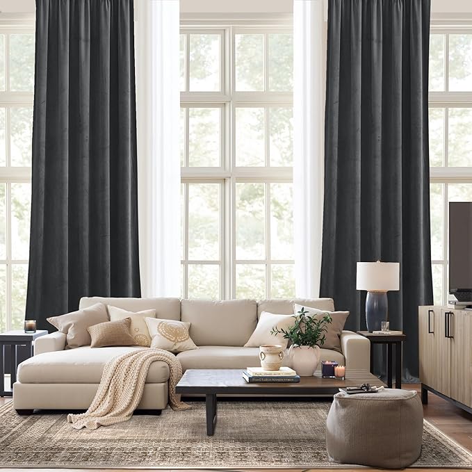 NICETOWN Living Room Grey Velvet Curtains, Sound and Sunlight Reducing Heavy Matt Rod Pocket Drapes/Panels for High Celling Wall (2 Panel Per Pack, 102 inches Long)