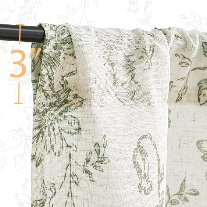 jinchan Floral Linen Tier Curtains 30 Inch Farmhouse Botanic Cafe Drapes for Small Windows Rustic Half Window Curtains for Kitchen Living Room Bathroom Laundry 2 Panels Green on Beige
