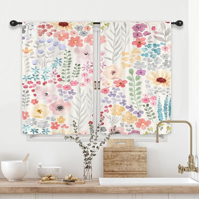Riyidecor Colorful Floral Kitchen Curtains Short Pink Cute Boho Watercolor Wildflower Plant Leaf Botany Trendy Rod Pocket Aesthetic for Girl Bedroom Living Room Treatment Fabric 2 Panels 26Wx36H Inch
