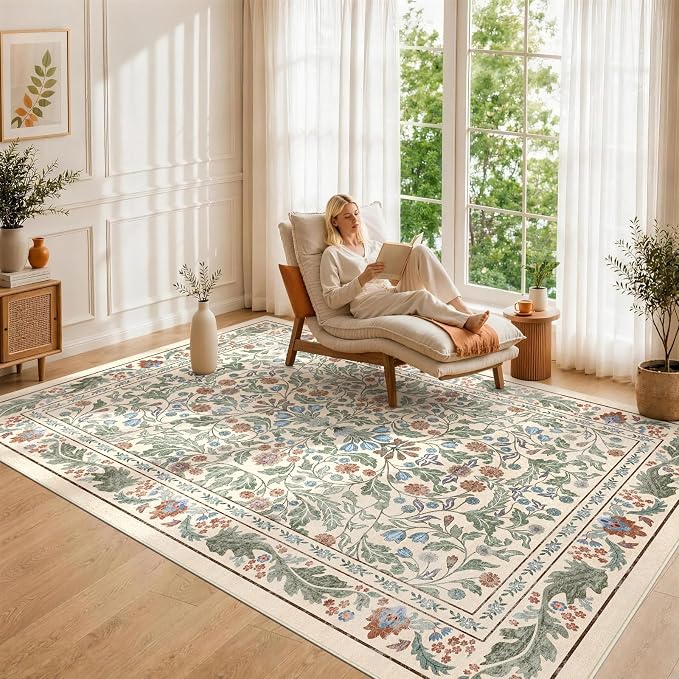 Floral 8x10 Area Rugs for Living Room, Machine Washable Vintage Rug Boho Low Pile Carpets Non Slip Soft Carpet for Farmhouse Bedroom Office Rugs, Kids Room, Nursery Room, Playroom, Beige