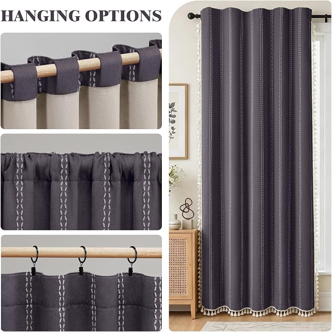 Gray Purple Boho Blackout Curtains 2 Panels 84 Inch for Living Room Bedroom, Linen Texture Farmhouse Curtains with Tassels and Purple Cotton Embroidery Vintage Rustic Country