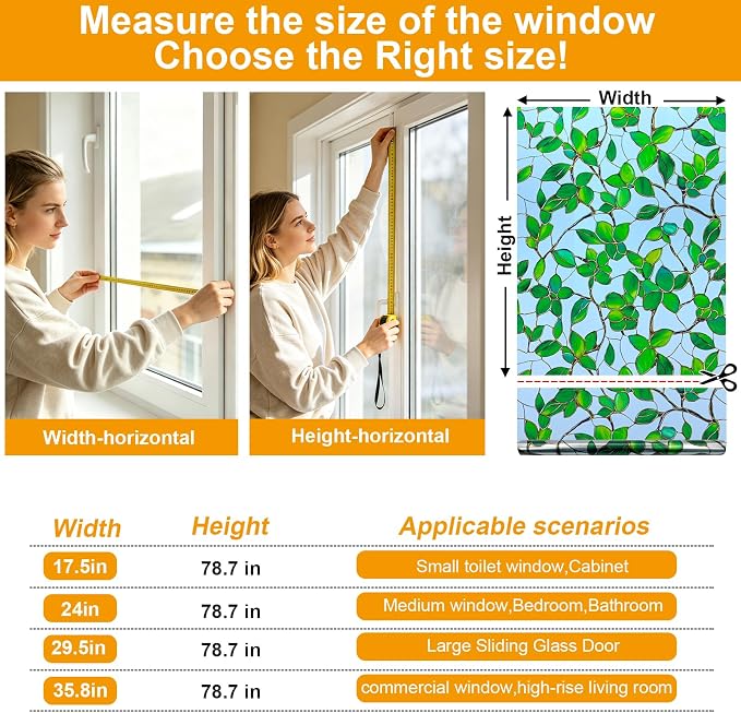 Countewol Privacy Window Film Upgraded 24H Day & Night Privacy Heat Insulation Static Cling Decorative Glass Film(Upgraded UV Greenery,17.5 X 78.7 in)