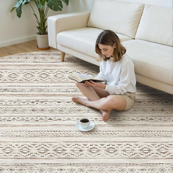 cotiled 8x8 Round Area Rugs Living Room Rug: Washable Boho Rugs with Non Slip Backing Large Soft Indoor Stain Resistant Carpet for Bedroom Farmhouse Dining Room Lightweight Home Decor Cream Brown