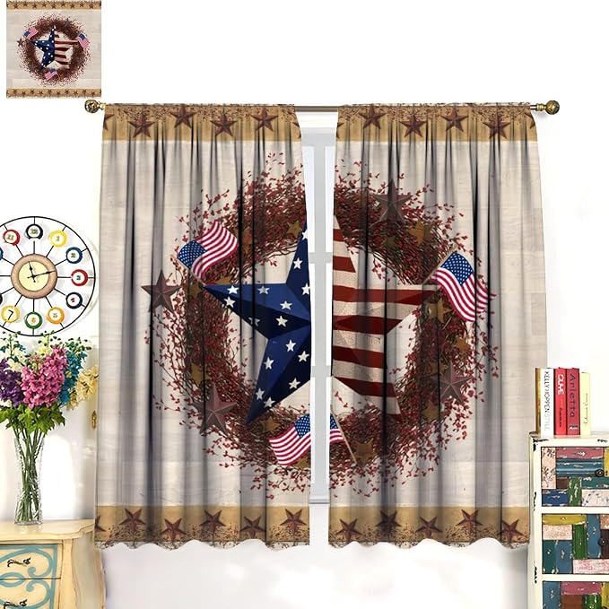American Flag Curtains,4th of July USA Flag Western Star Independence Day Decor Drape for Bedroom Living Room Window Treatment 2 Panels Set Total Size 63" W X 63" L Inch