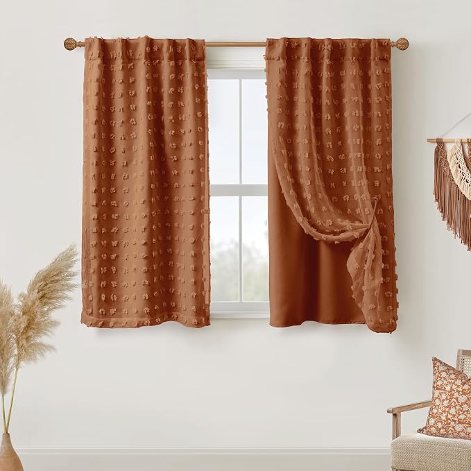 Lino Rosa Terracotta Burnt Orange Boho Short Window Curtains for Bedroom, 45 Inch Pom Pom Double Layer Drapes for Small Window