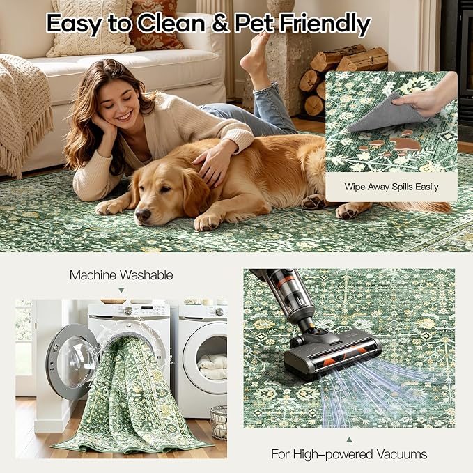 10x14 Large Area Rug for Living Room & Bedroom Washable Non-Slip Sage Green | Soft Boho Vintage Area Rugs for Bedroom Dinning Room Home Office Indoor