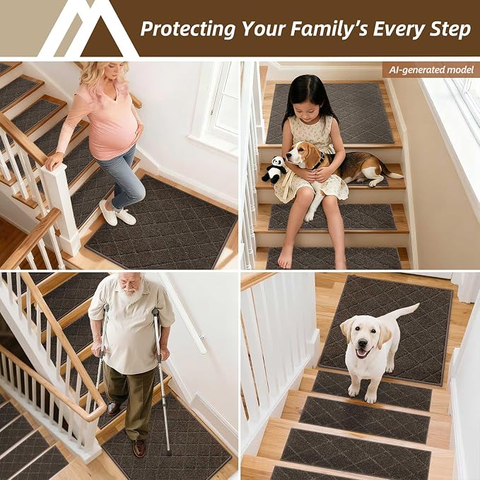 COSY HOMEER Edging Stair Treads Non-Slip Corner Indoor Stair Runners for Wooden Steps,Landing Slip Resistant Stair Rugs Mat for Kids and Dogs,100% Polyester TPE Backing,Brown,30x30 inch