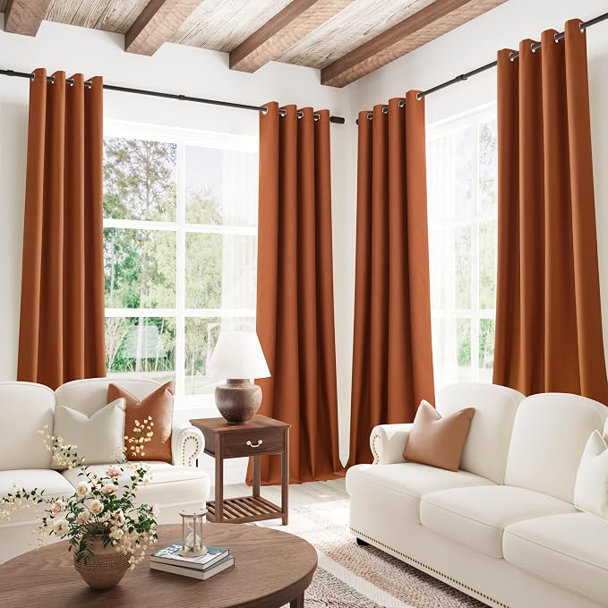 Jowels Terracotta Linen Blackout Curtains 102 Length 2 Panels Set for Living Room Bedroom, 100% Black Out Thermal Insulated Linen Drapes, Room Darkening Grommet Curtains 102 Inches Long