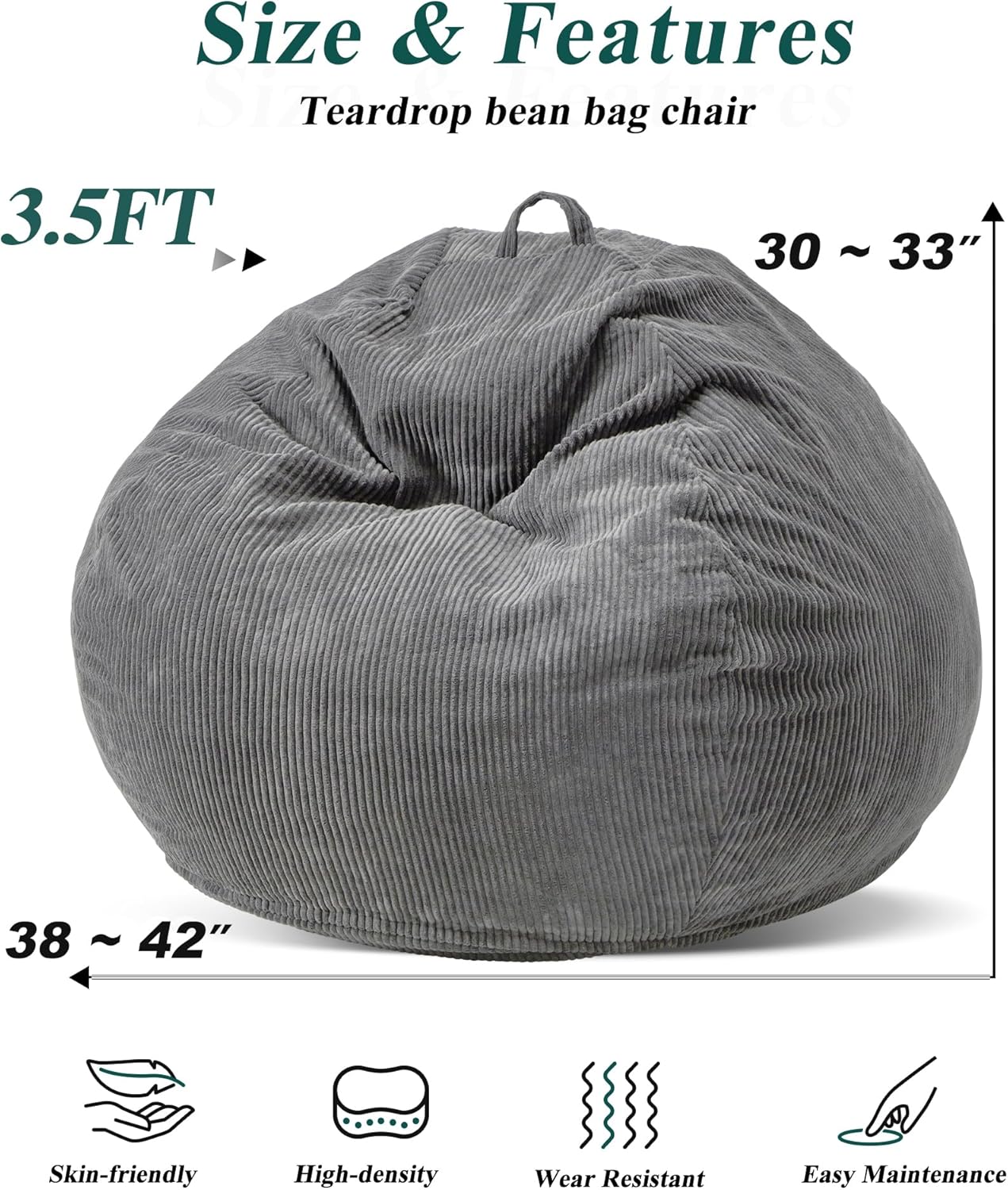 3.5FT Bean Bag Chairs Teardrop Bean Bag Chair for Adults Beanbag Chair with Memory Foam Filled Machine Washable Cover for Living Room, Bedroom (Large,Grey)