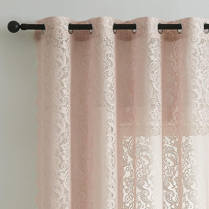Bujasso Pink Lace Window Curtains Vintage Floral Sheer Curtain Panels 95 inch for Living Room Grils Bedroom Elegant Scalloped Light Filtering Pink Drapes Window Treatment Sets Rod Pocket 54" Wx95 Lx2