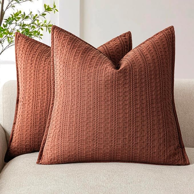 Foindtower Set of 2 Decorative Cotton Waffle Weave Throw Pillow Cover Euro Shams Cushion Covers Accent European Pillowcase For Bed Couch Sofa Bedroom Living Room Home Decor 22×22 Inch Fall Rust Orange