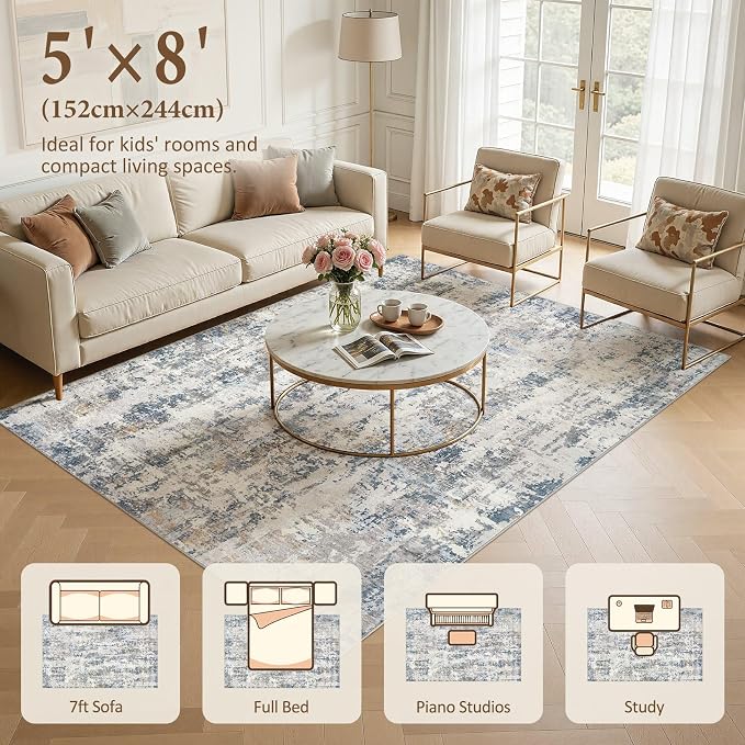 5x8 Area Rug Living Room Rugs: Washable Large Soft Abstract Modern Neutral Rug Stain Resistant & Non-Slip Low-Pile Carpet for Bedroom Dining Nursery Home Office Room Decor - Grey Blue