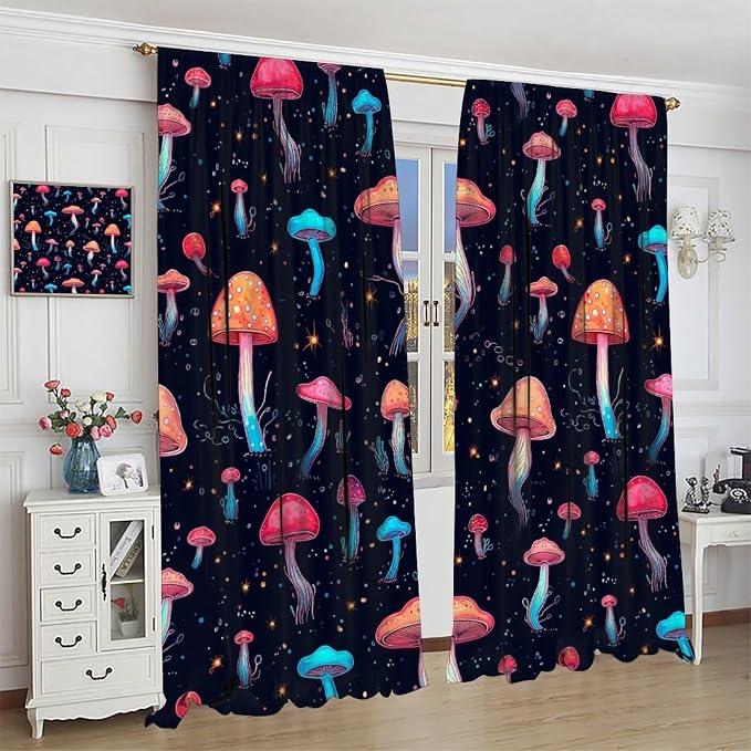 Fantasy Mushroom Curtains,Colorful Plant Print Window Treatments for Bedroom Living Room Kitchen Cartoon Herbs Floral Polyester Fabric Window Drapes 2 Panels Set,Total Size 55 x 63 Inch