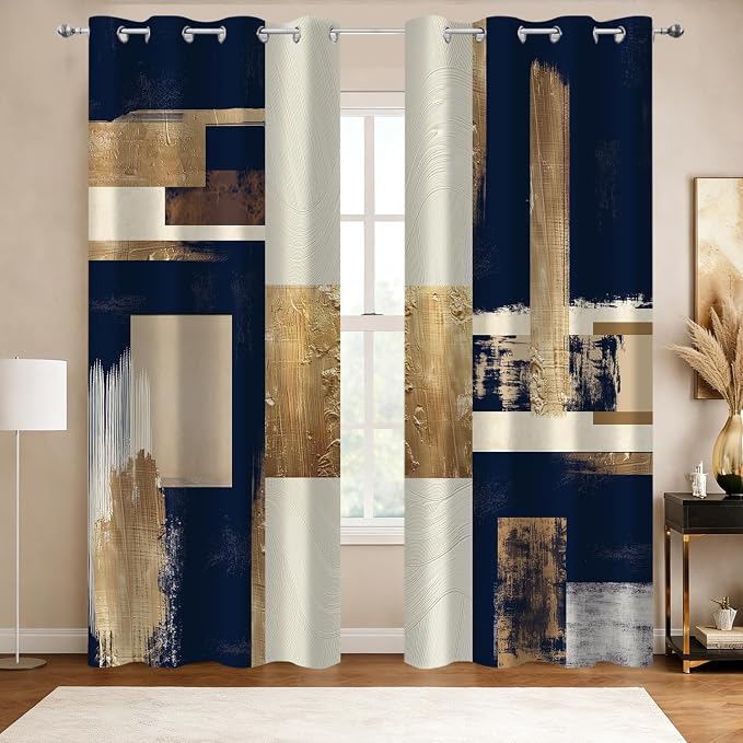 Boho Navy Blue Gold Abstract Blackout Curtains, Modern Oil Aesthetic Neutral Contemporary Beige Darkening Thermal Insulated Grommet Light Blocking Drape Decor, 52 x 84 Inch Long 2 Panels