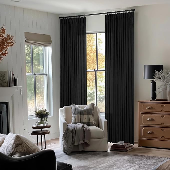 TWODRAPES Black Pinch Pleated Linen Curtains 80 Inches Long for Living Room Bedroom Light Filtering Boho Window Drape 80 Inch 2 Panels with Hooks Rings Back Tab Sliding Glass Door Semi Sheer Curtain