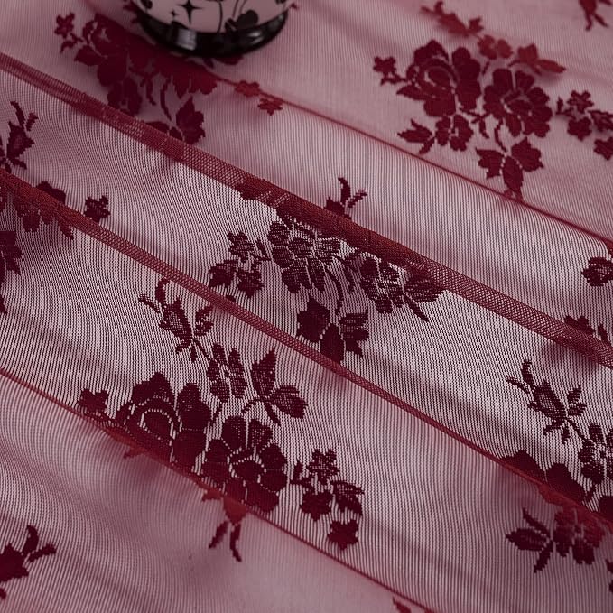Kotile Burgundy Short Lace Curtains 36 Inch Length 2 Panels Cottagecore Floral Maroon Lace Kitchen Curtains for Windows Over Sink, Rod Pocket Privacy Light Filtering Sheer Curtain Short, 42 x 36 Inch
