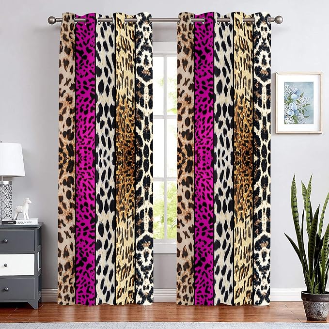 Wild Animal Print Curtain, Room Darkening Thermal Insulated Blackout Leopard Boa Window Drapes with Grommets for Living, Dining, Bedroom, Hot Pink Leopard Print, 42"x 84", 2 Panels