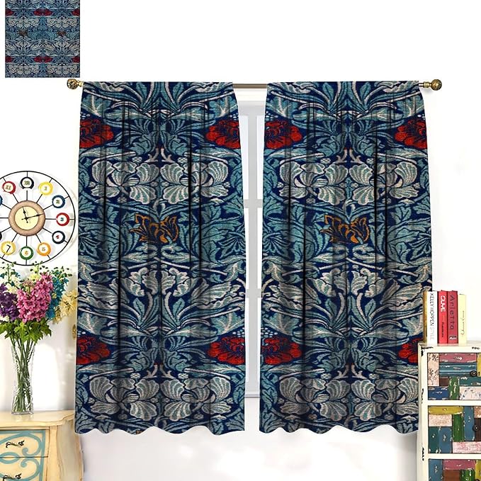 Bohemian William Morris Retro Plant Floral Blackout Window Curtains, Flower Vintage Country Farmhouse Art Window Drapes, for Bedroom Living Room 21(W)*54(L) 2 Panels