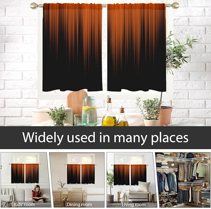 AAtter Orange and Black Kitchen Curtains, Ombre 27.5" W x 39" L, 2 Panels | Terracotta Modern Rod Pocket Drapes, Dark Abstract Striped Style, Trendy Anime Design, Small Short Bathroom Window Tiers