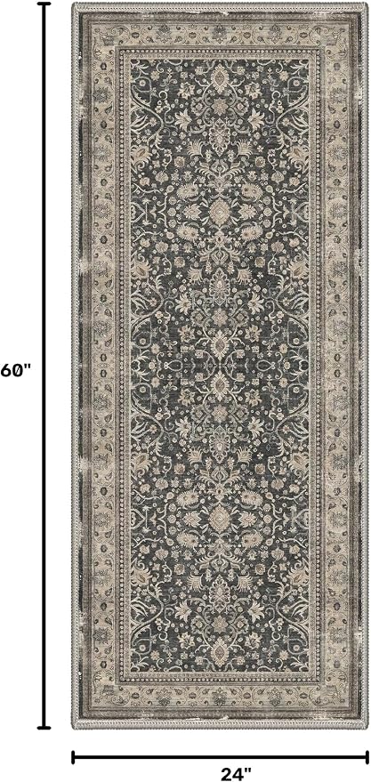 Bavni 2x5 Rug Runners for Hallways, Washable Runner Rug Non Slip, Vintage Floral Oriental Floral Rugs for Bedroom, Lightweight Low Pile Carpet for Hallways Bathroom, Dusty Charcoal