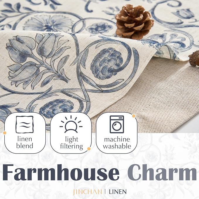 jinchan Linen Valance Kitchen Curtain Pack of 2 Double Layer 16 Inch for Living Room Bedroom Window Treatment Light Filtering Vintage Farmhouse Cottagecore Rod Pocket 2 Panels Blue on Beige