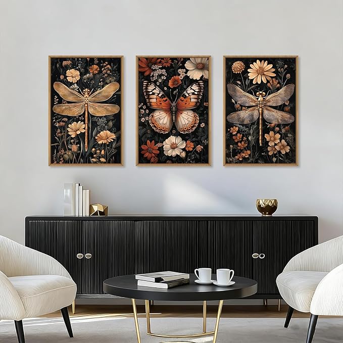 Large Vintage Butterfly Dragonfly Framed Canvas Wall Art Set,Retro Dark Academia Animal Floral Botanical Wall Decor,Moody Insect Wildflower Artwork for Living Room,Bedroom,Farmhouse-24 x36 x3