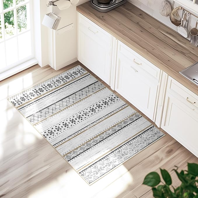 BESTSWEETIE 2x3 Area Rugs for Living Room Washable Moroccan Farmhouse Neutral Geometric Low Pile Non-Slip Soft Print Pattern Rug for Bedroom Kitchen Dining Room Entryway Black/Brown