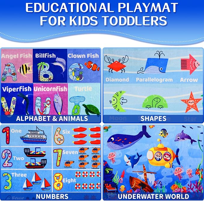 Large Interactive Ocean World Learning Rug with ABC, Sea Animals, Numbers & Shapes for & Preschoolers, Washable Non-Slip Carpet for Playroom, Nursery & Homeschool, 5'"×6'7"