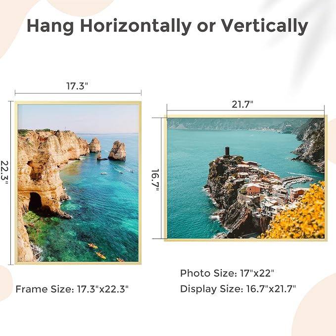FLYJOE 17x22 Metal Picture Frame - Gold Aluminum Picture Frames with Real Glass, Wall Mounting Horizontally or Vertically, Diploma, Certificates and Decor for Wall Gallery 22x17 Frame, Gold